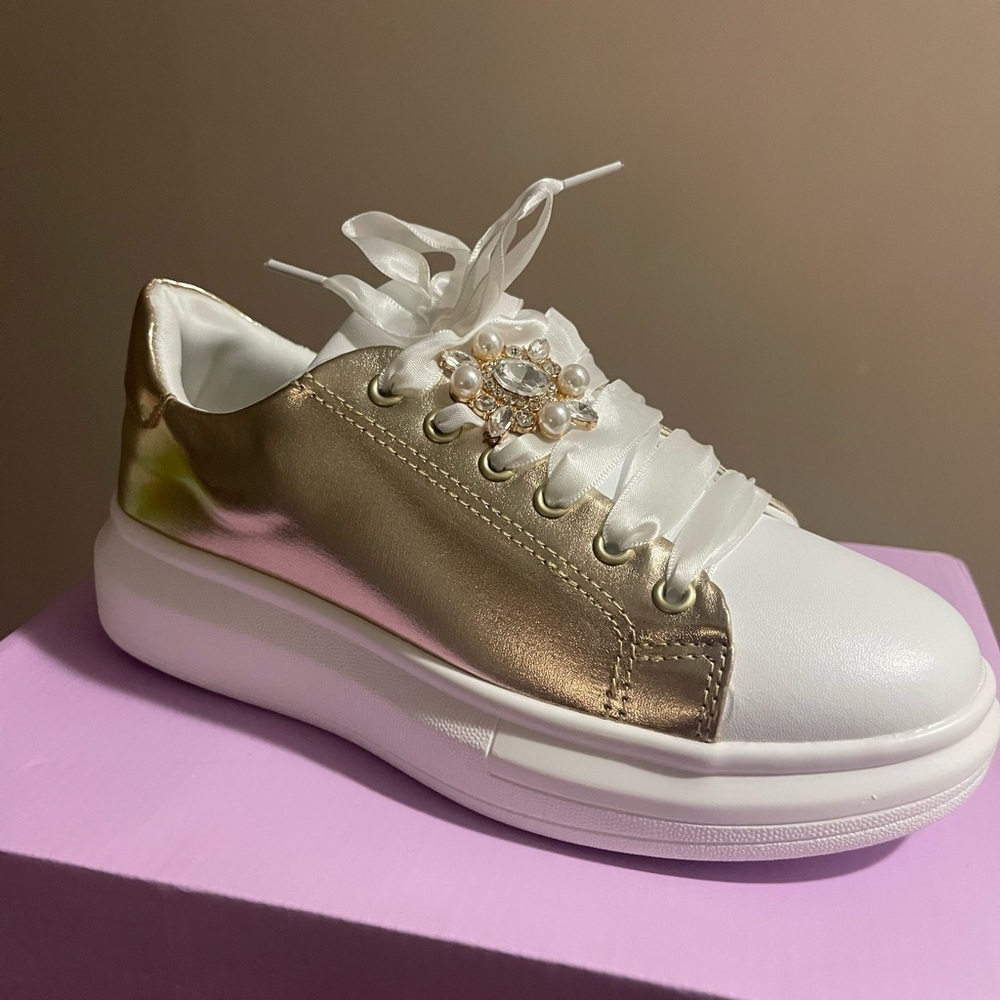 Gold and White Women's Sneakers